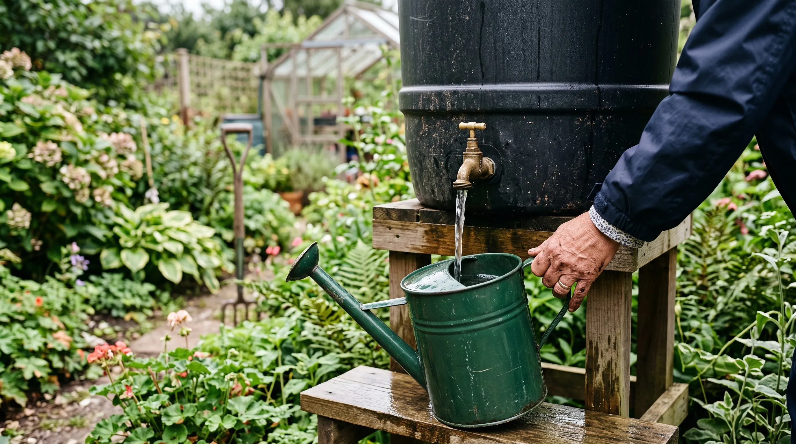 Green watering can being filled from the brass tap of a raised water butt in a garden