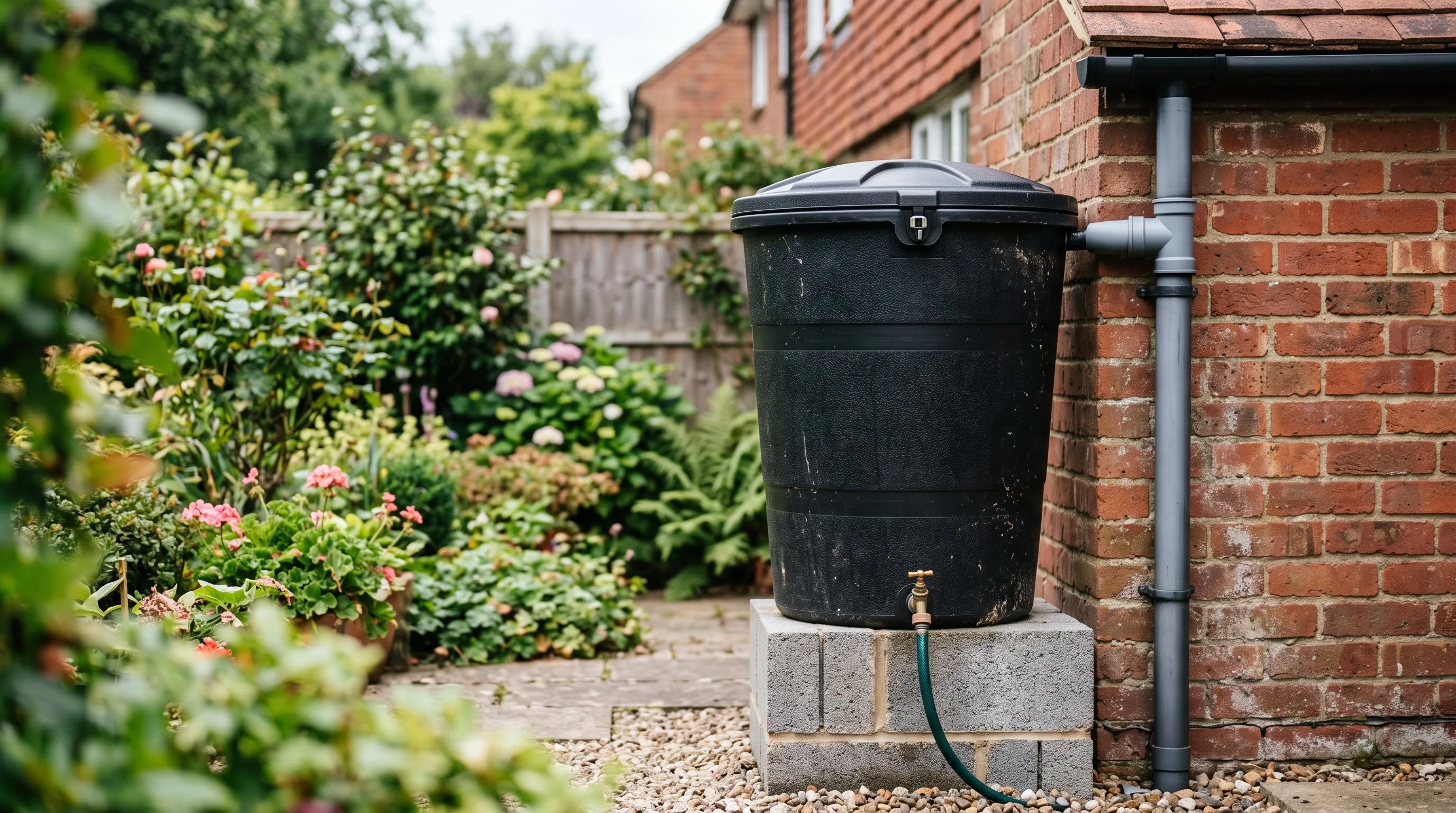 Installed 200 litre water butt on a plinth beside a brick house downpipe in a UK garden