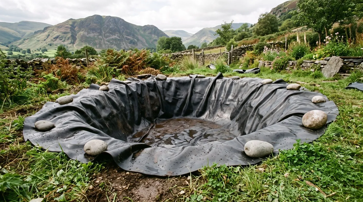 Black EPDM liner draped loosely into a dug pond with even overlap on all sides in a Lake District garden