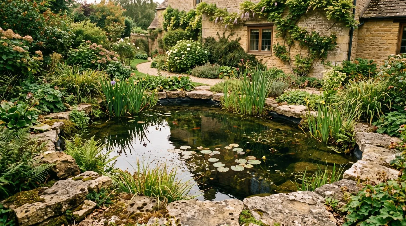 Established EPDM-lined pond after several years, water clear and margins planted, edge fully hidden under stone in a Cotswold garden