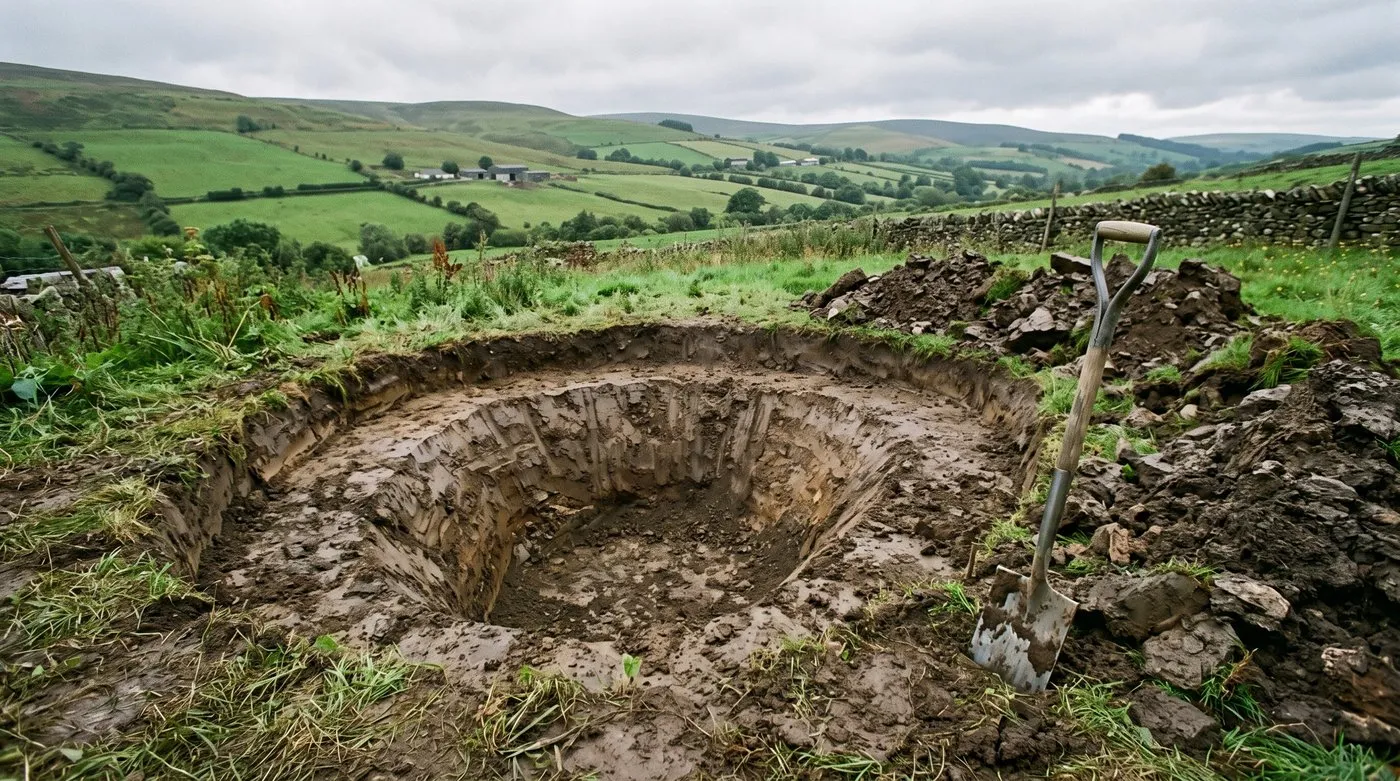 Freshly dug garden pond hole showing a distinct marginal planting shelf and a deeper central zone with sloping sides in a Welsh hillside garden
