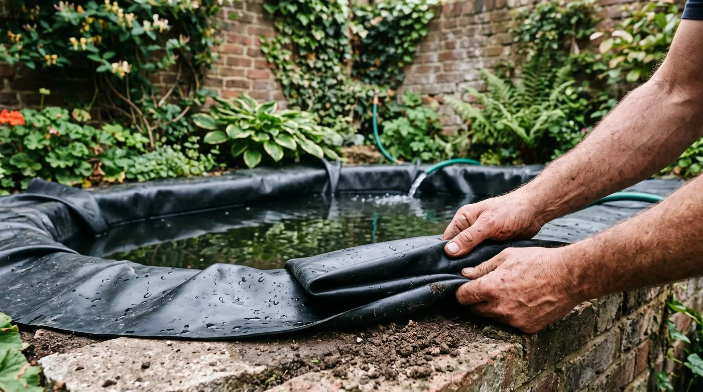 Hands folding a black pond liner into a neat pleat while a hose fills the pond with water in a London townhouse garden