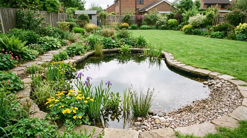 Finished EPDM-lined wildlife pond with planted marginal shelf and a pebble beach in a UK garden