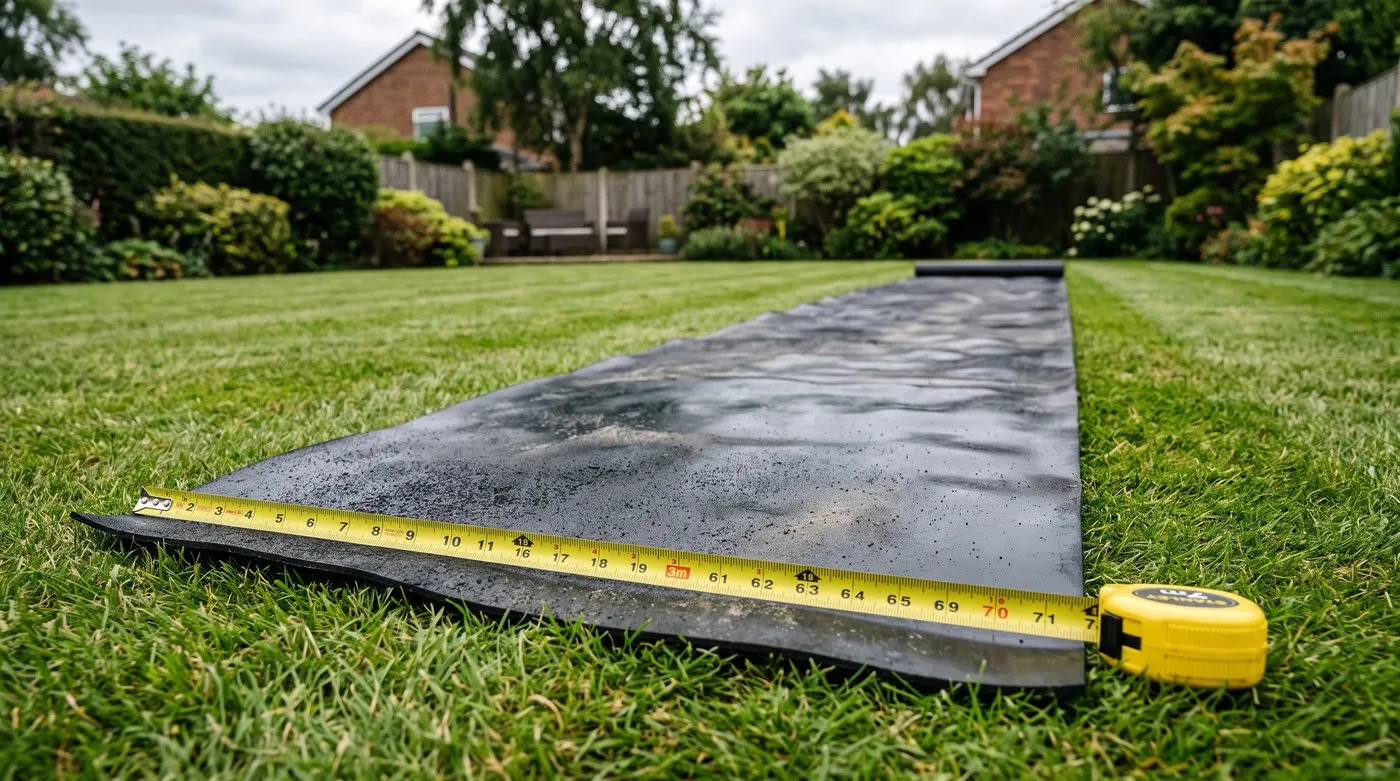Flat sheet of black EPDM pond liner rolled out on a lawn with a tape measure showing the calculated dimensions in a Yorkshire suburban garden