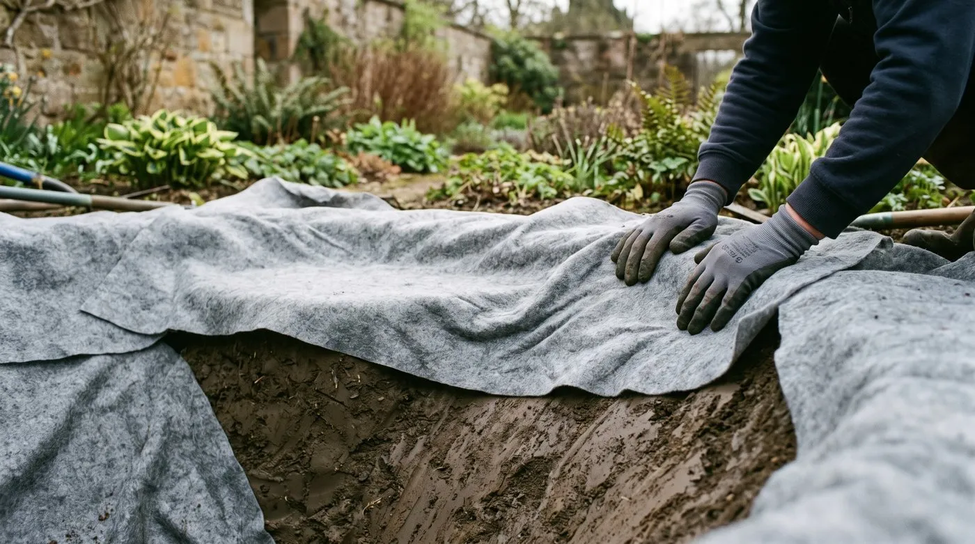 Grey pond underlay fleece being smoothed into the contours of a dug pond over the marginal shelf in a Scottish walled garden