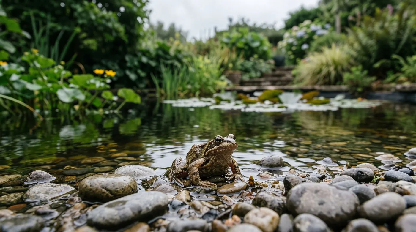 Pebble beach ramp running gently into a garden pond with a common frog at the water's edge in a Devon seaside garden
