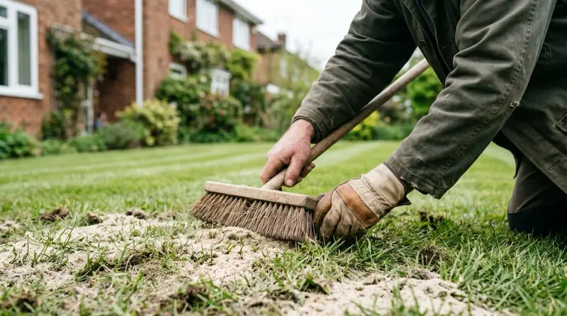 Gardener brushing sandy top-dressing into a bumpy UK lawn to level shallow hollows