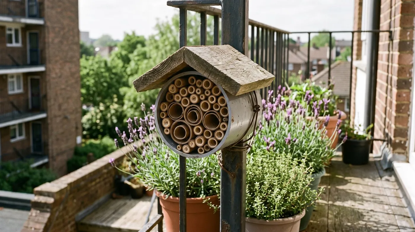 Bundle of bamboo canes and cardboard tubes packed into a short drainpipe as a bee house on a balcony