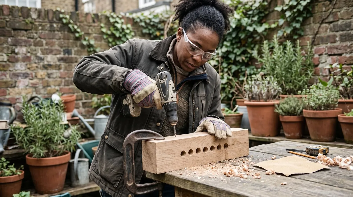 Woman in gloves drilling rows of holes into an oak block on a garden workbench to make a bee house