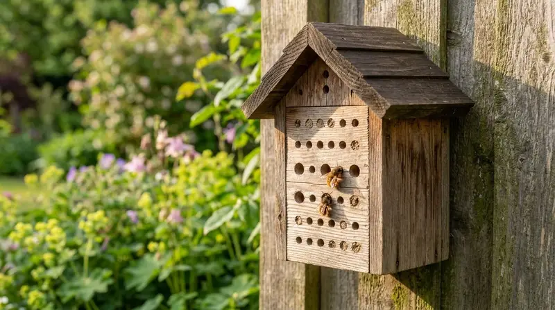 A well-made wooden bee house mounted on a sunny fence in a UK garden