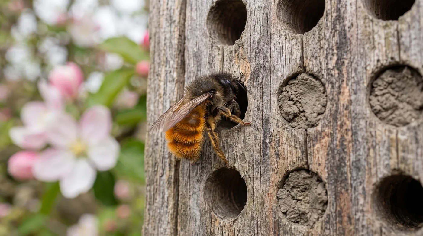 Red mason bee entering a small drilled hole in a hardwood bee house, with neighbouring holes sealed with mud