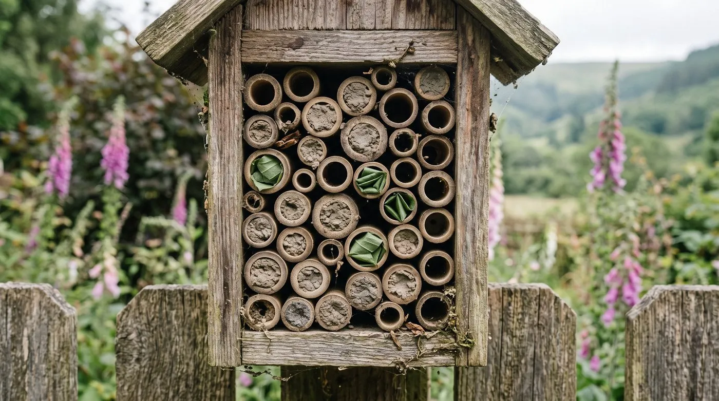 Bee house tubes sealed with mud caps and leaf plugs in early summer
