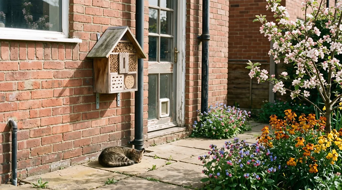 Small wooden bee house fixed to a sunny brick wall at chest height near spring flowers, with a cat on the patio