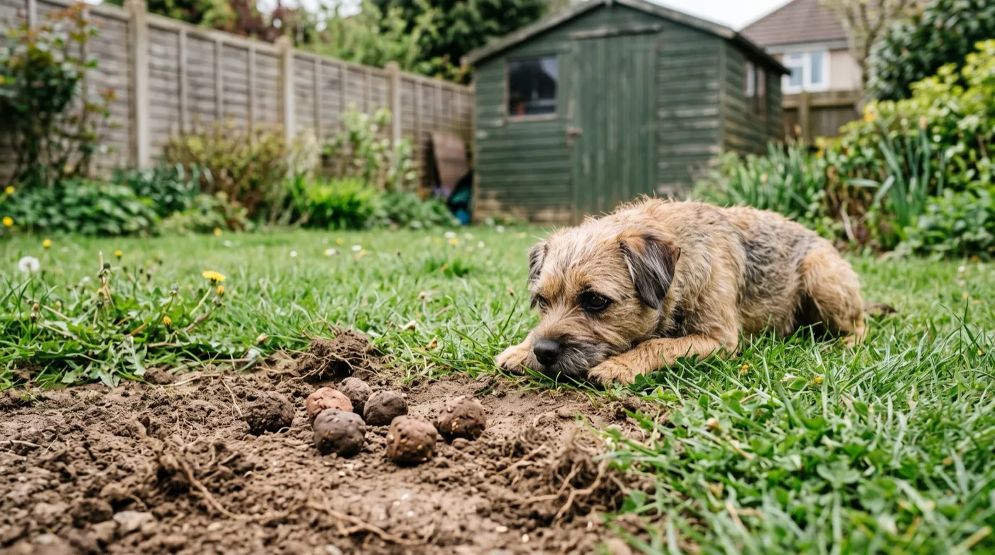 A dog lying beside a bare soil patch in a UK garden where seed bombs have been thrown