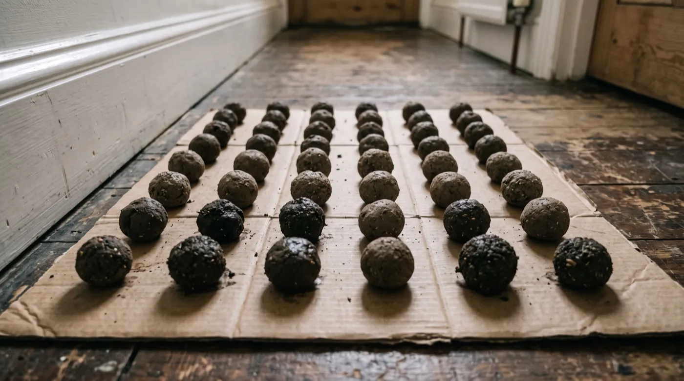 Seed bombs drying on cardboard indoors, spaced apart to prevent cracking and mould