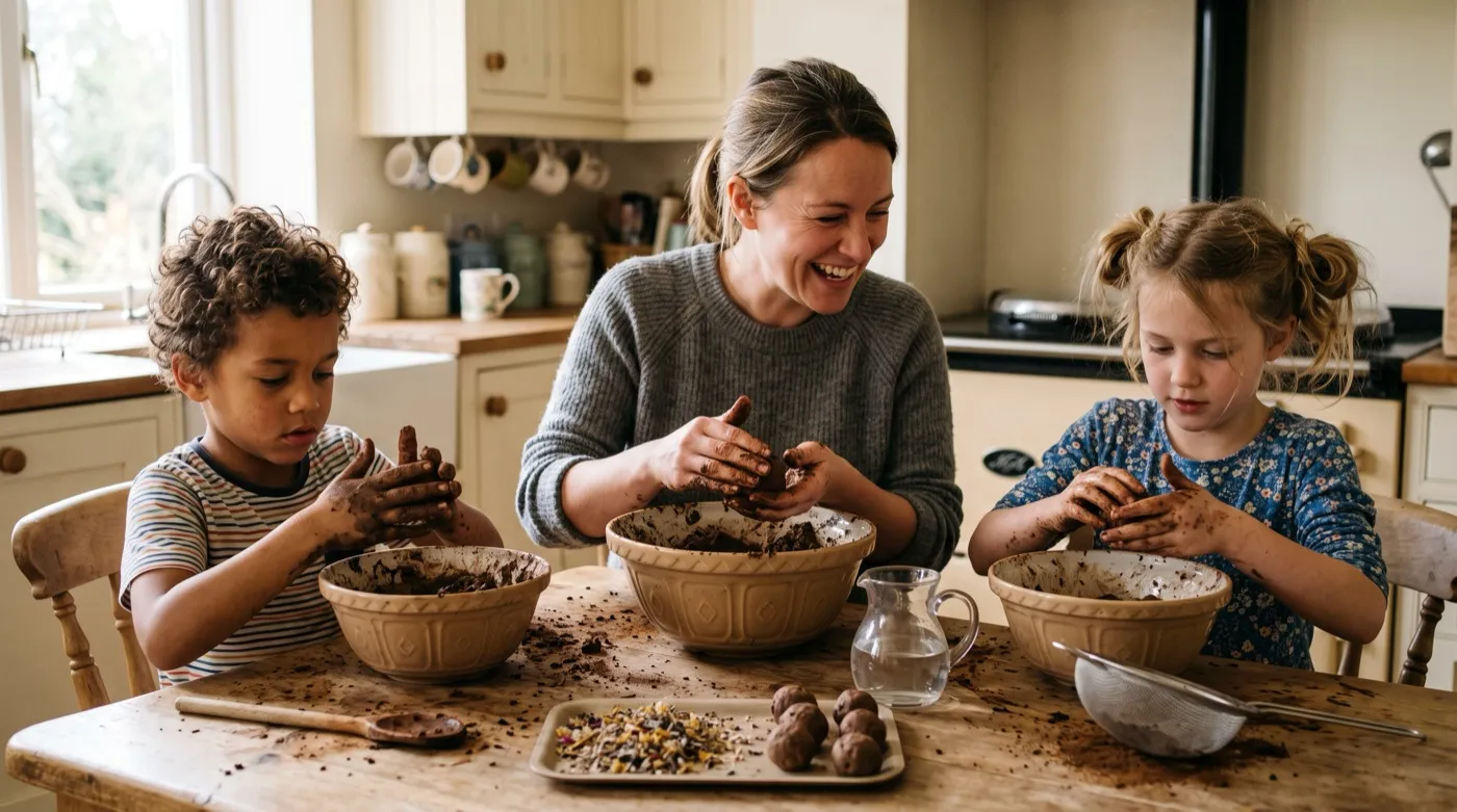 A woman in her thirties making seed bombs at a kitchen table with two children, rolling compost and clay into balls