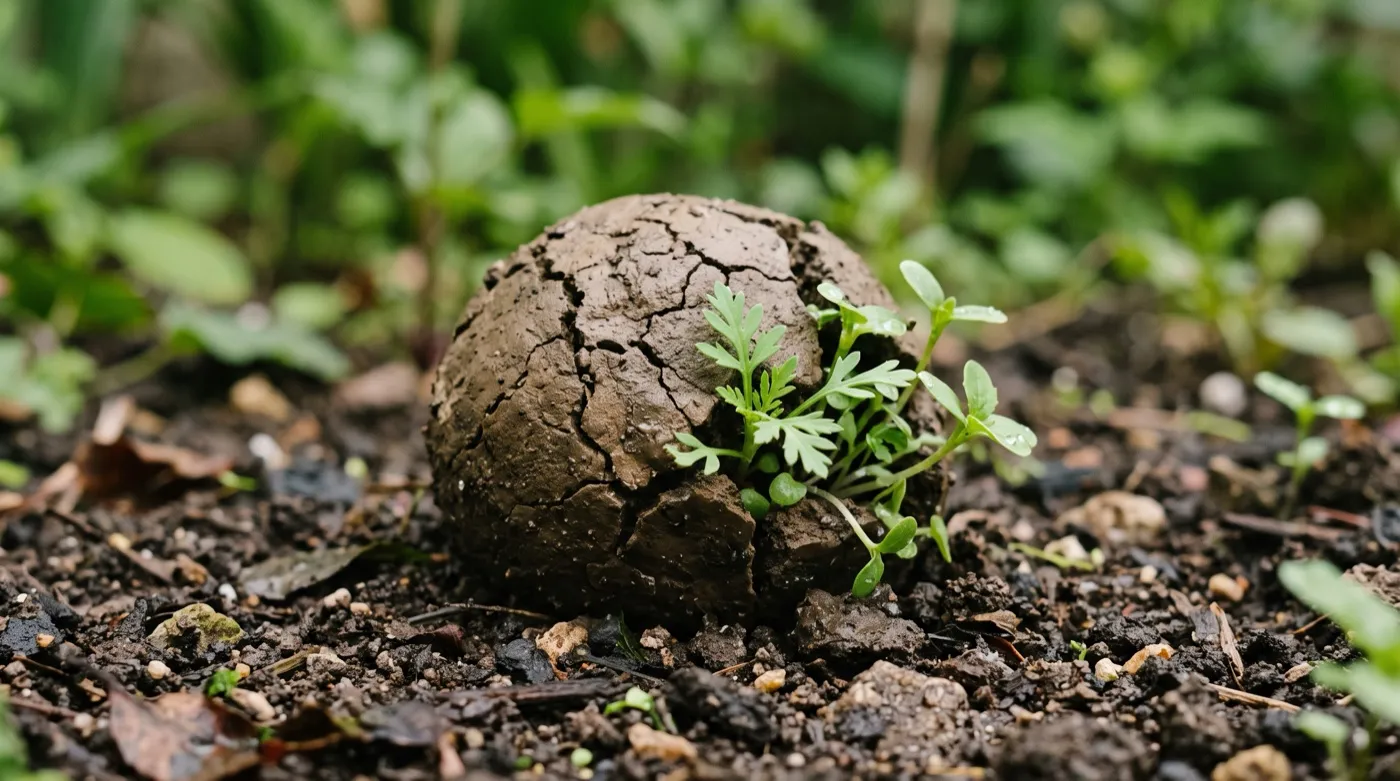 Wildflower seedlings and poppies germinating from a seed bomb six weeks after being thrown onto bare soil