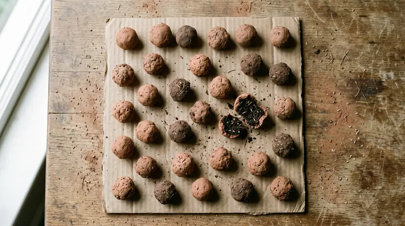 A tray of finished wildflower seed bombs drying on cardboard, made with the 5:3:1 compost, clay and seed recipe