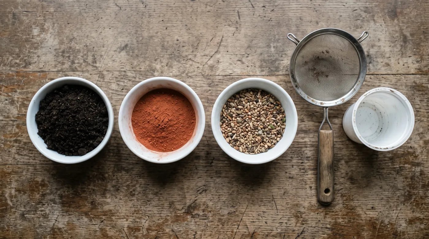 Ingredients for making seed bombs laid out: sieved compost, powdered terracotta clay and UK native wildflower seed