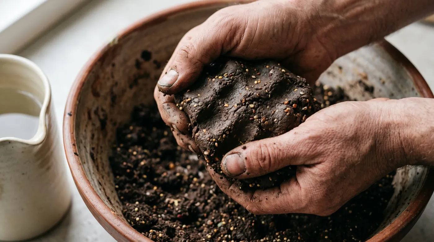 Hands mixing seed bomb compost, clay and seed to a stiff biscuit dough consistency in a bowl