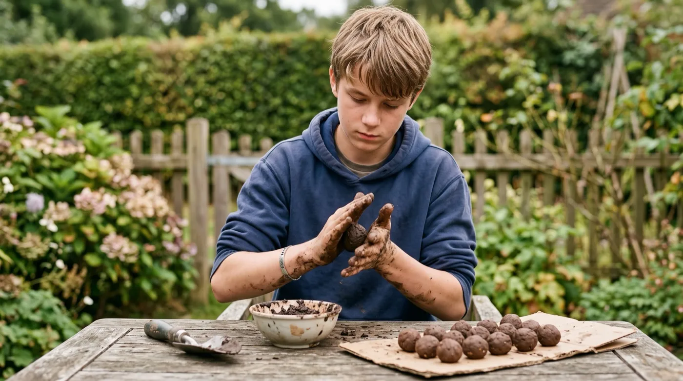A teenage boy rolling seed bombs into firm 20mm balls at an outdoor table