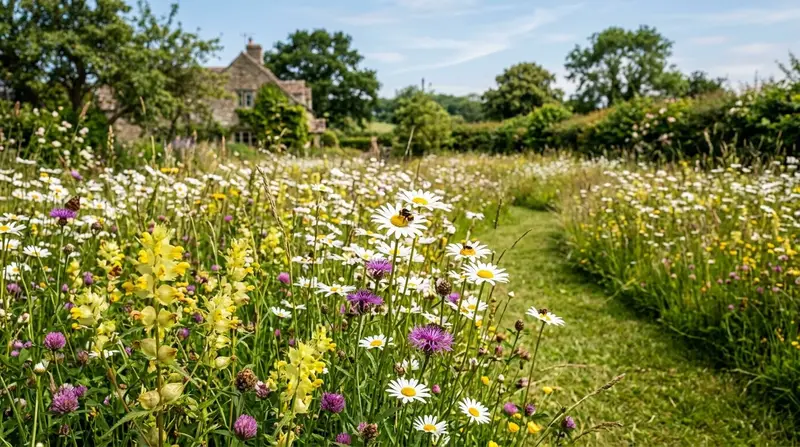 Mature UK wildflower meadow in full June flower with ox-eye daisies, yellow rattle, knapweed