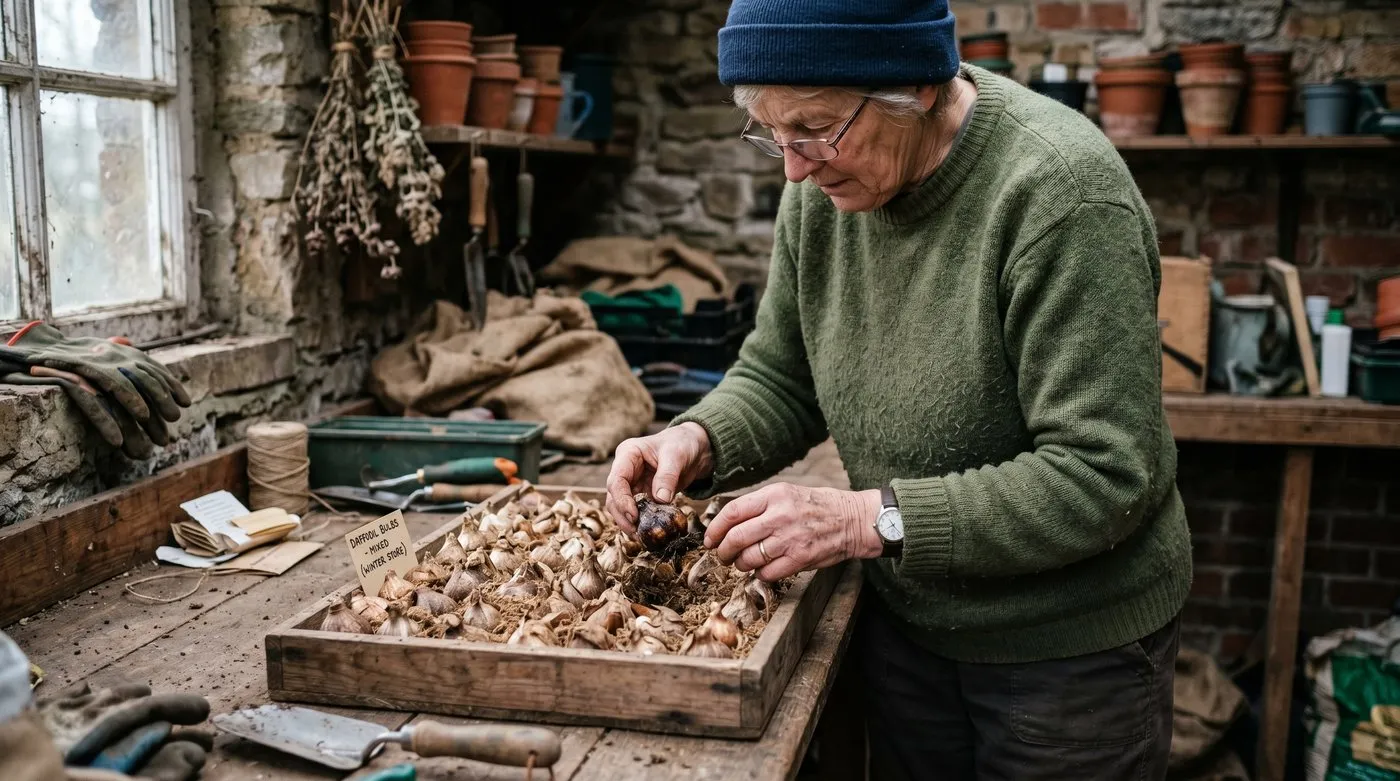 A gardener checking stored flower bulbs in a tray during winter, removing a soft one to protect the rest