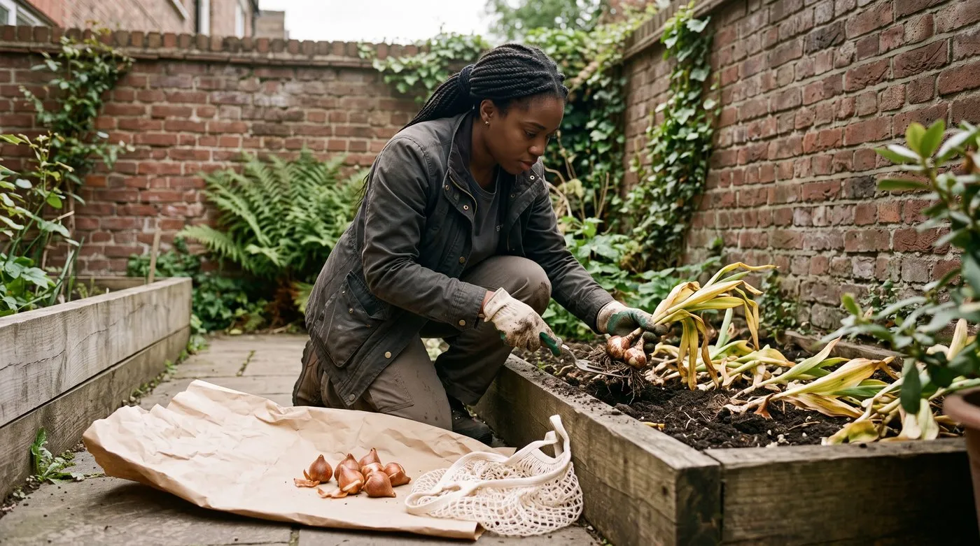 Gardener lifting tulip bulbs from a raised bed in early summer once the leaves have yellowed
