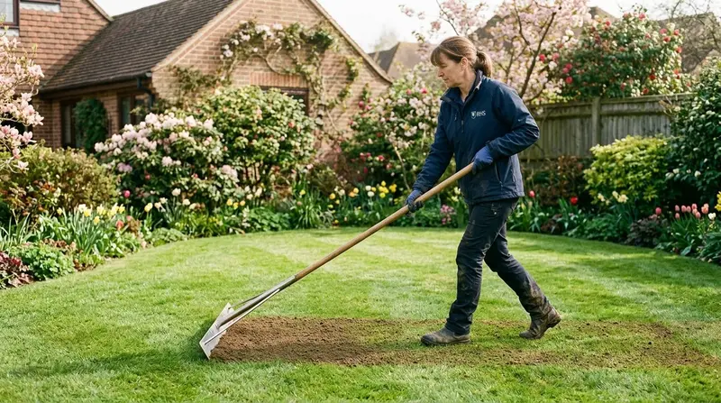 Gardener spreading top-dressing mix across UK lawn with steel landscaping lute