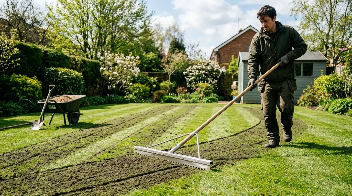 A wide stainless steel landscaping lute working dressing into a UK lawn