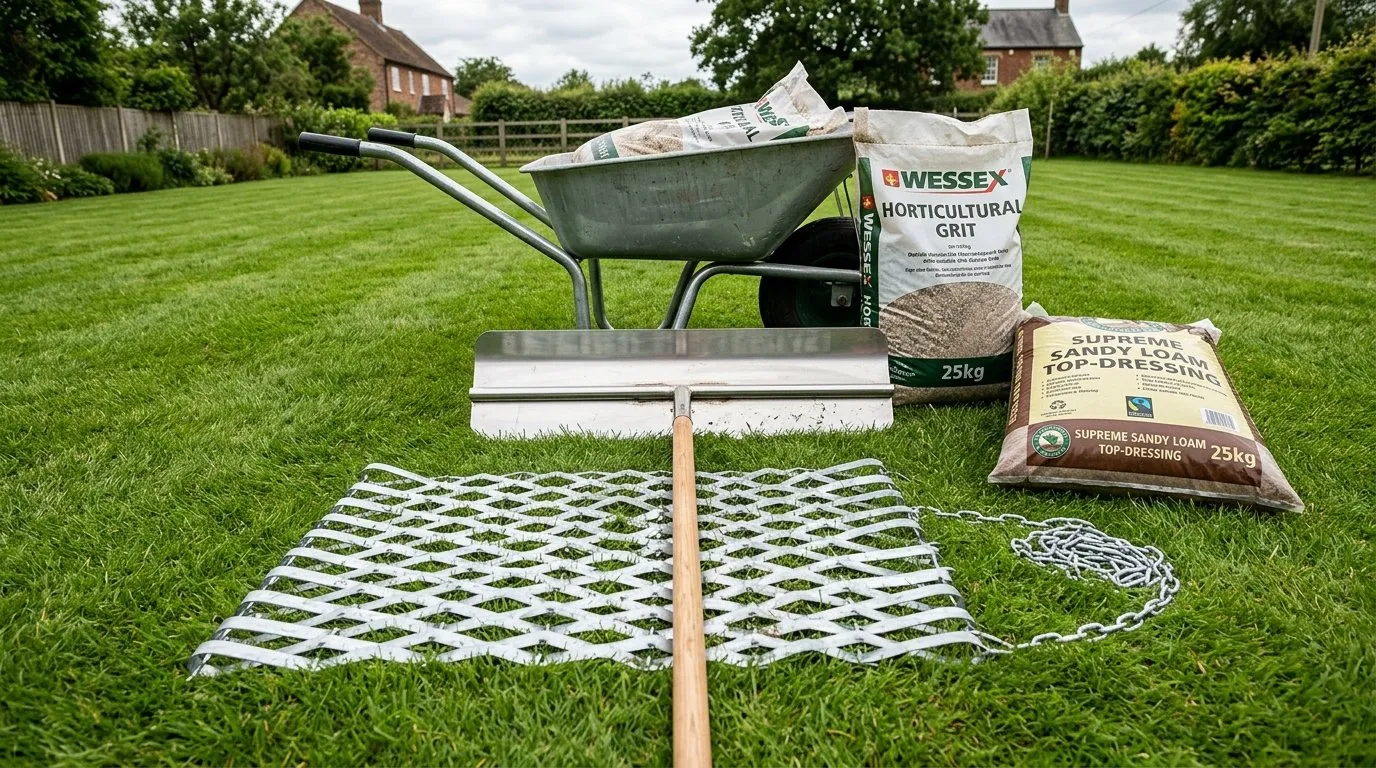 UK lawn top-dressing tool kit laid out on grass: lute, drag mat, wheelbarrow, sand bag