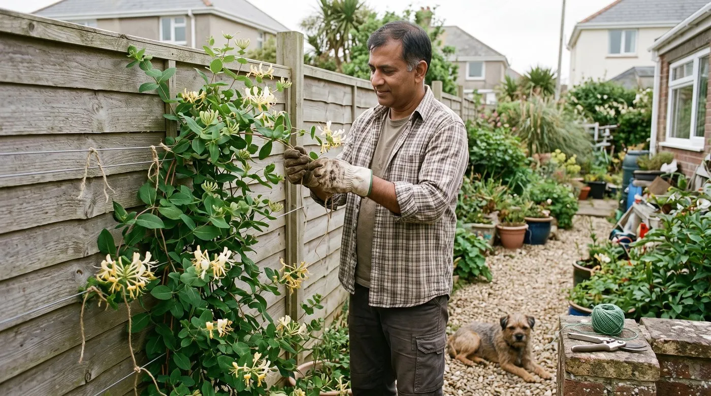 Gardener untangling and tying in honeysuckle stems on fence wires while a terrier rests nearby