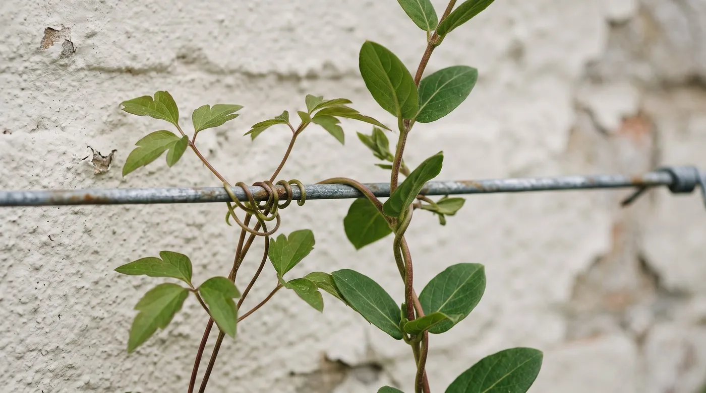 Clematis leaf stalks curled around a wall wire beside a young honeysuckle stem growing up past it