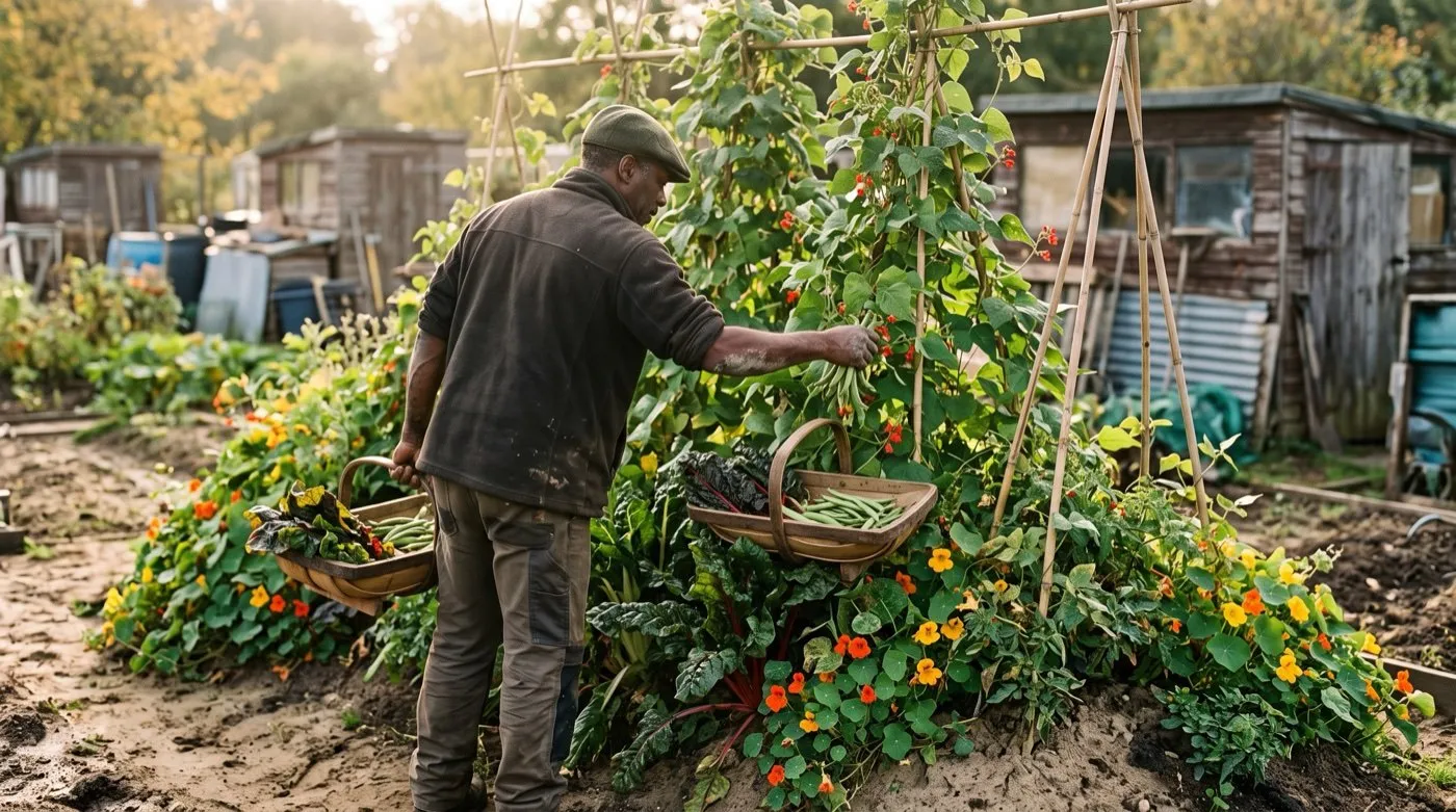 Established hugelkultur bed harvest: a man picking runner beans and chard from a mature mound on a UK allotment