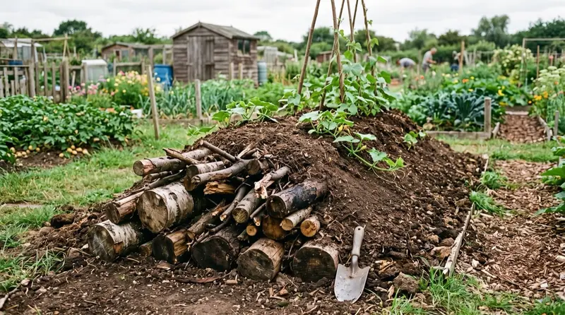 A hugelkultur raised bed mound planted with squash and beans in a British allotment in late summer