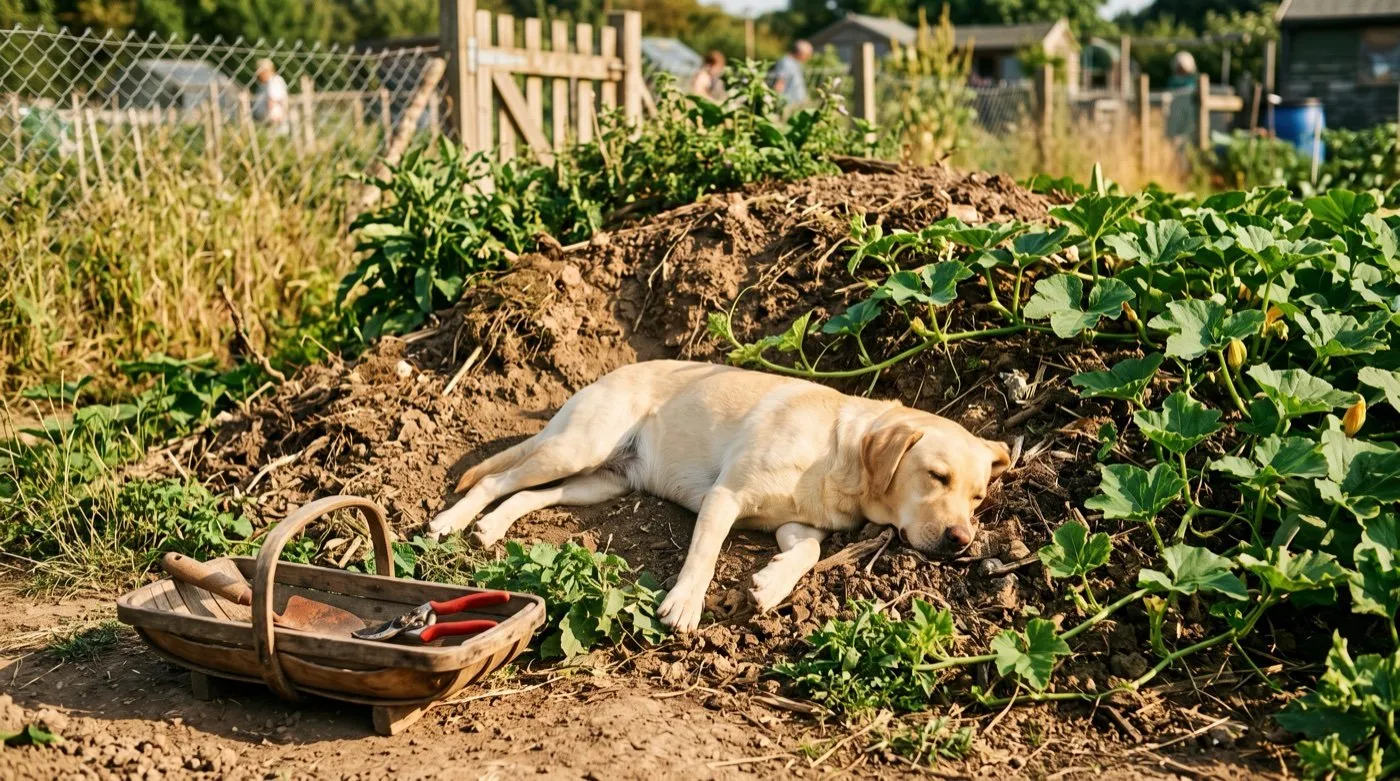 Labrador lying beside a hugelkultur raised bed on a British allotment in summer