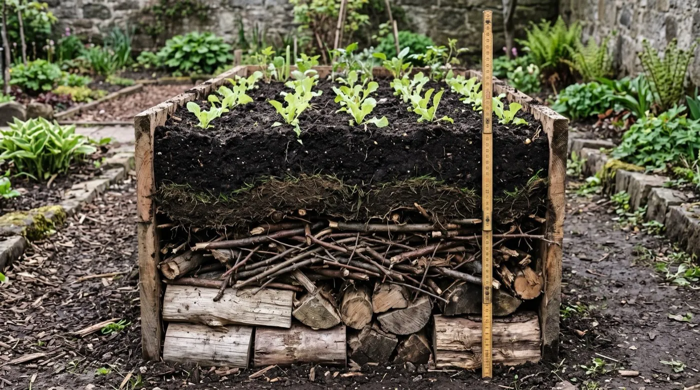 Cross-section of a hugelkultur bed showing the log core, branch layer, inverted turf and soil cap