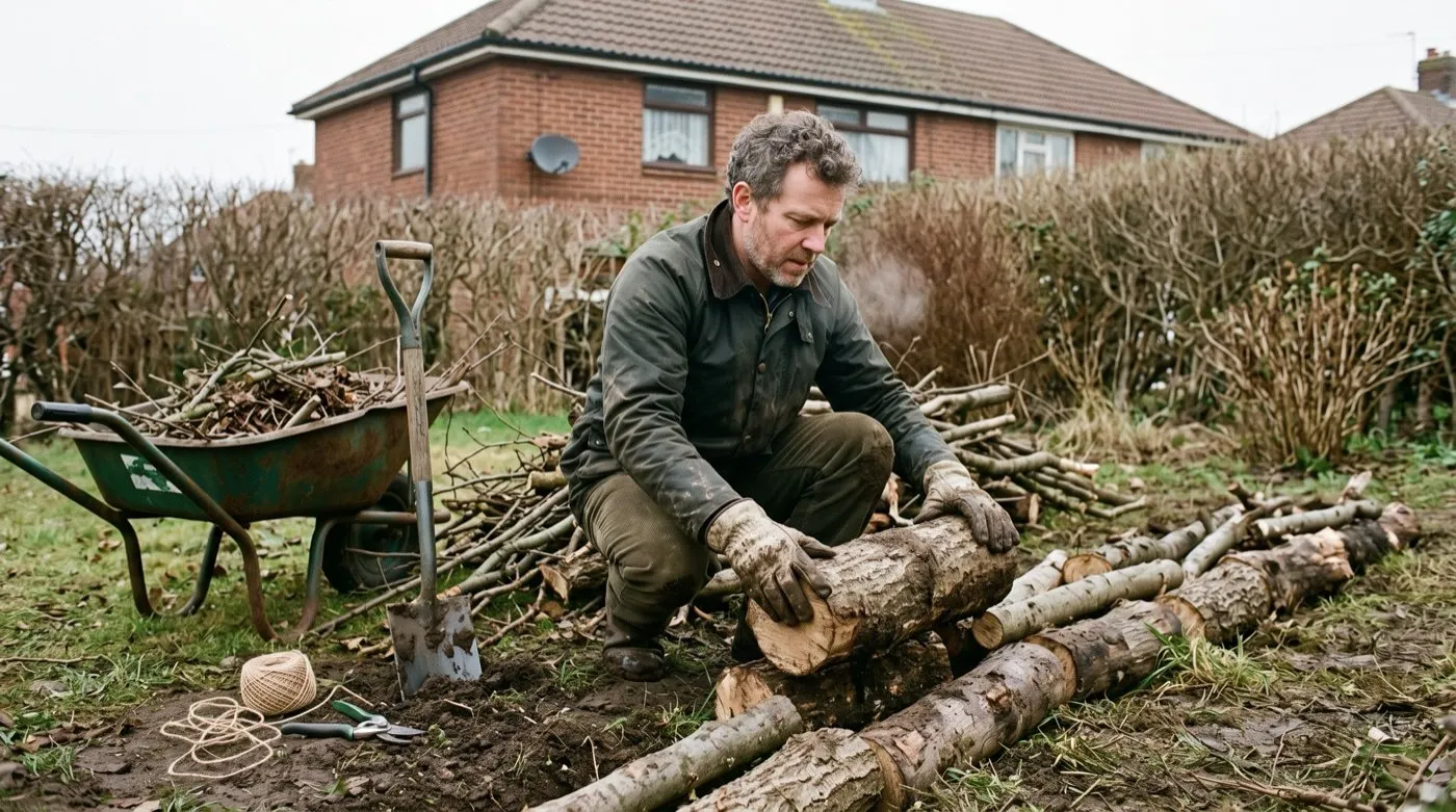 Building a hugelkultur raised bed: a man stacking logs into the base layer of a new mound in a British garden