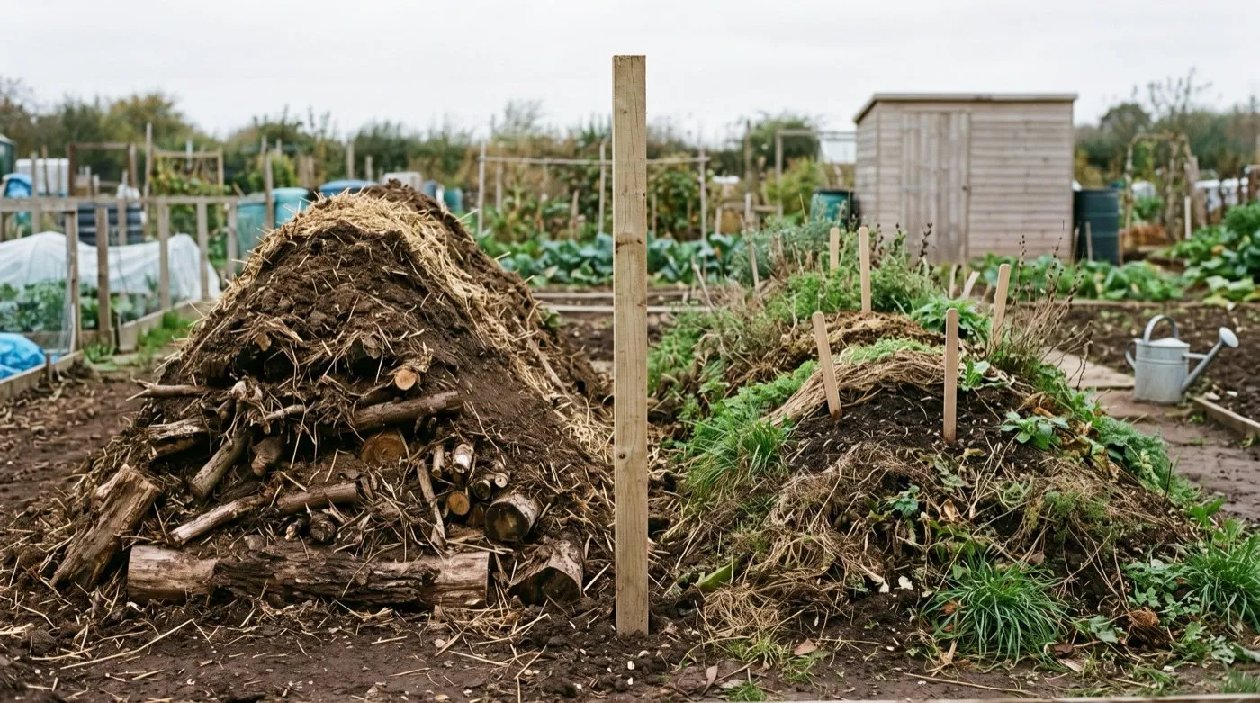 Hugelkultur bed subsidence: a two-year-old settled mound beside a freshly built bed showing height loss