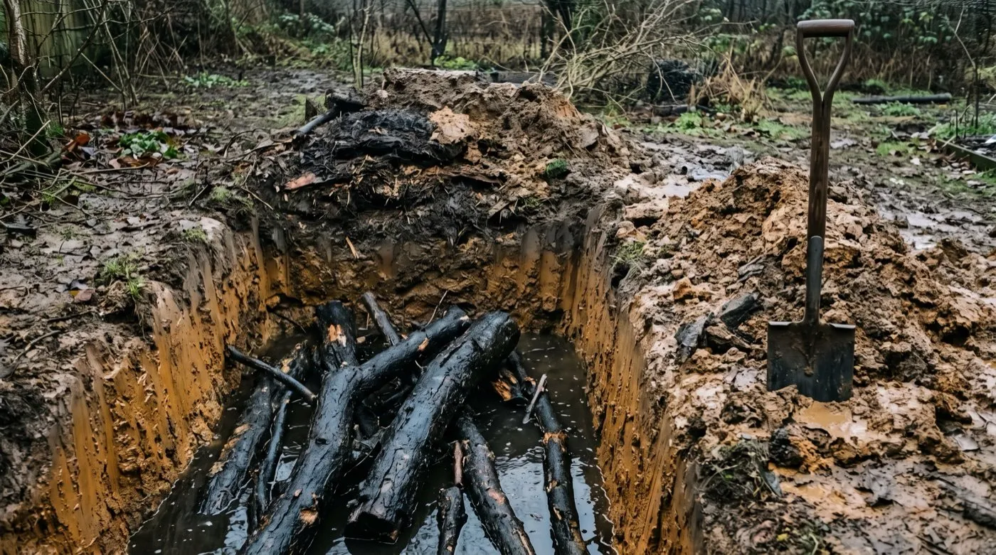 Anaerobic failure in a hugelkultur bed: black slimy willow logs excavated from a waterlogged UK clay bed in winter