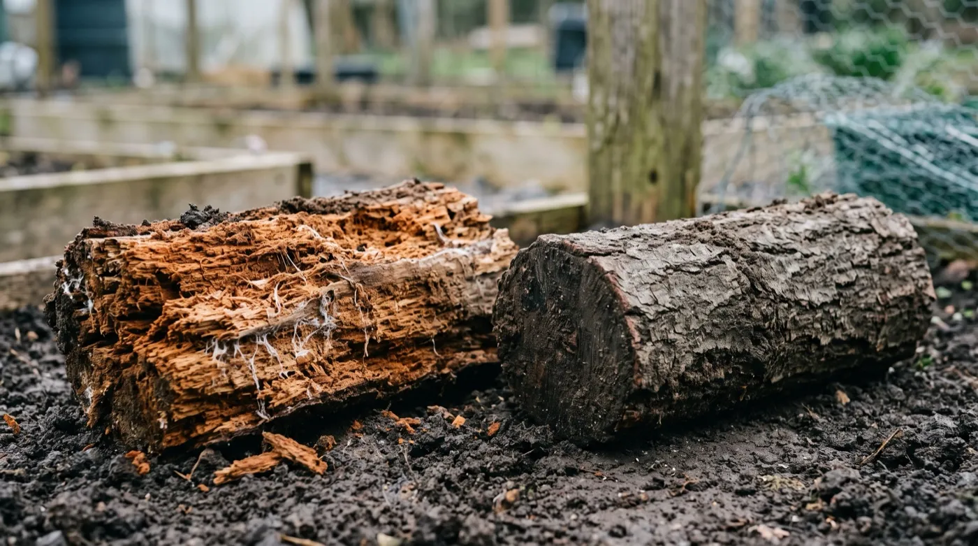 Wood species comparison for hugelkultur: decayed willow next to intact oak logs excavated from UK garden beds