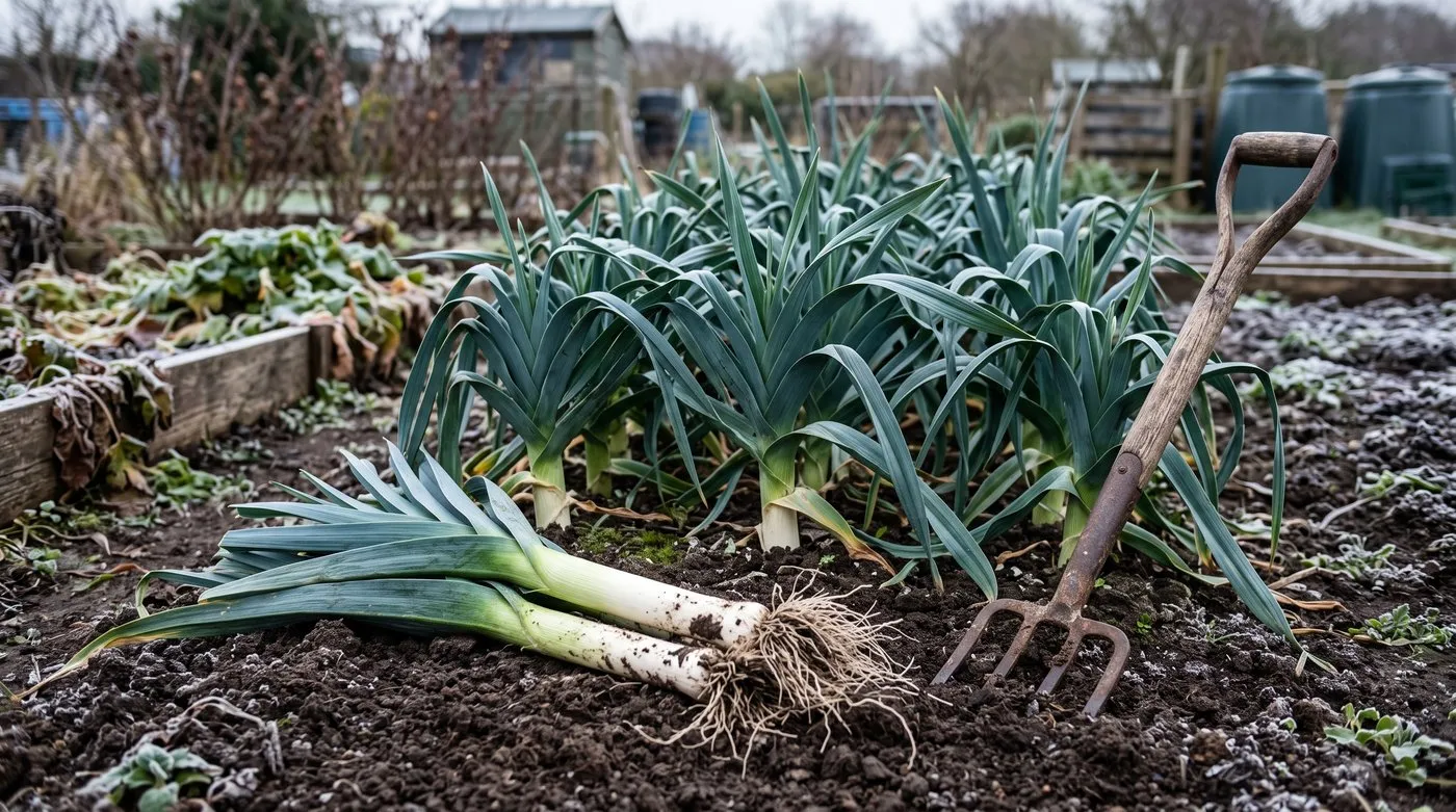 A row of winter leeks standing in a frosty allotment bed in March, with two freshly lifted