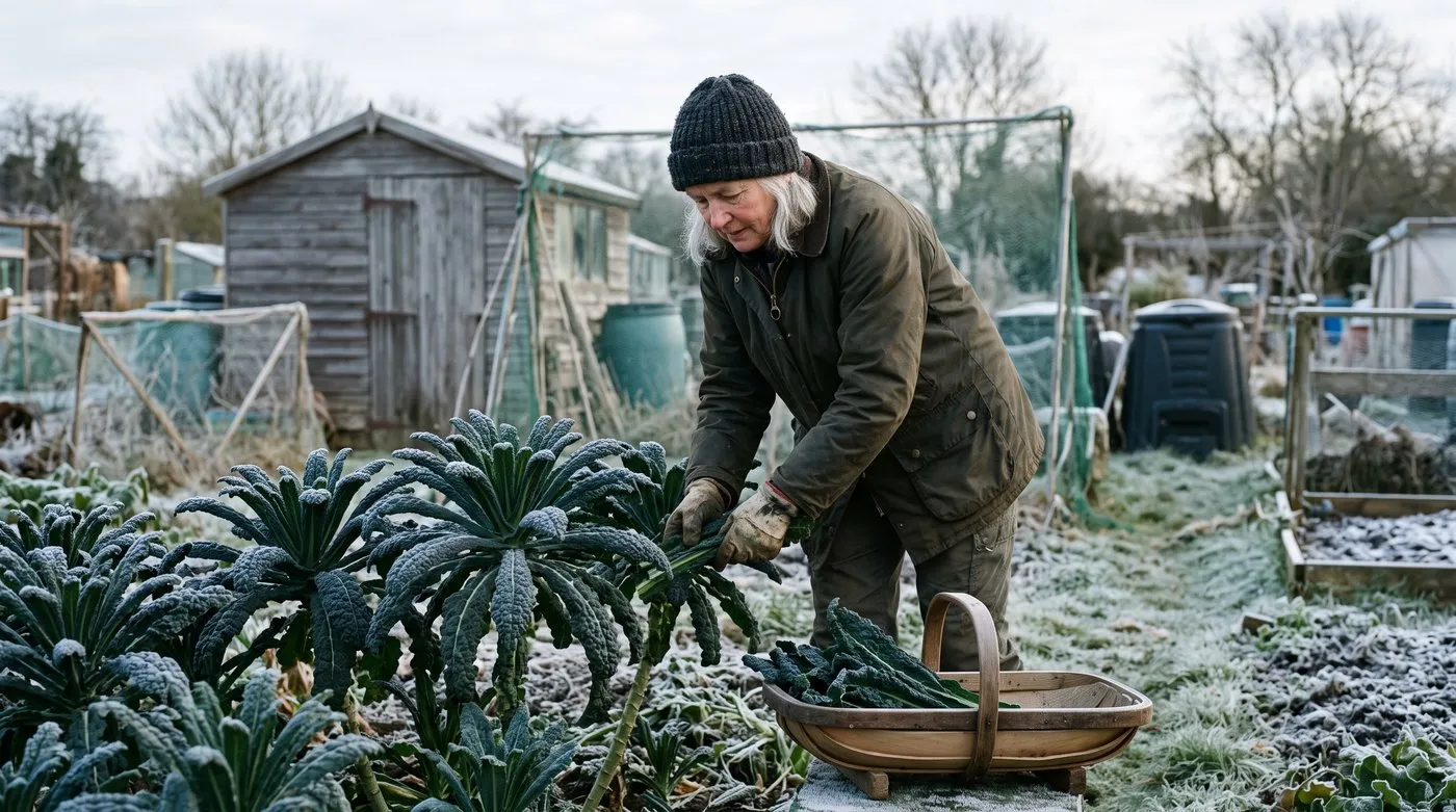 A woman picking outer leaves of frosted Cavolo Nero kale on an allotment in early spring
