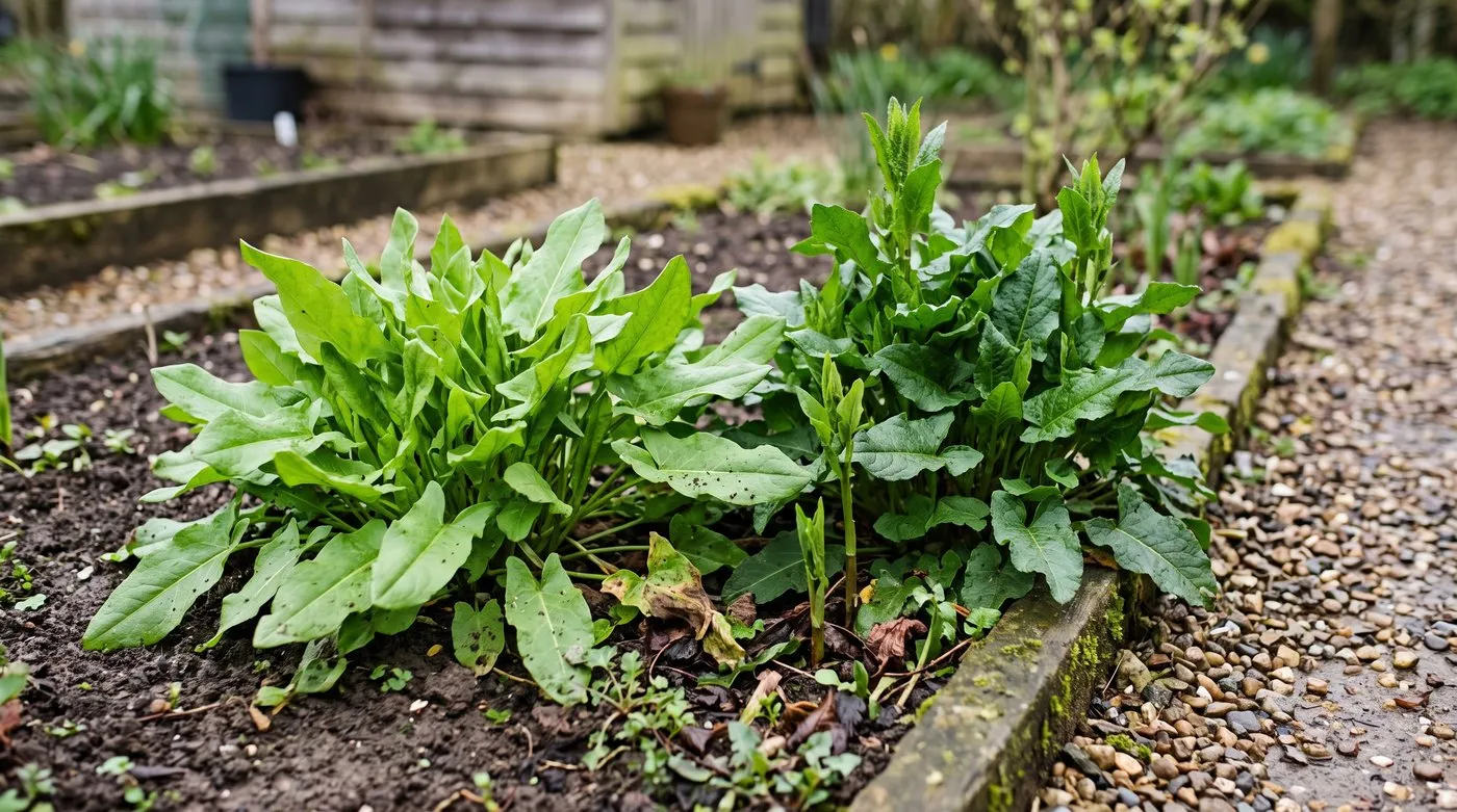 A clump of sorrel with arrow-shaped leaves beside Good King Henry in a spring kitchen garden bed