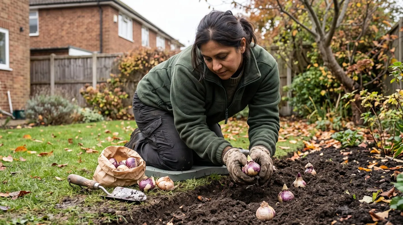 Gloved hands setting hyacinth bulbs pointed end up in a planting hole in an autumn border