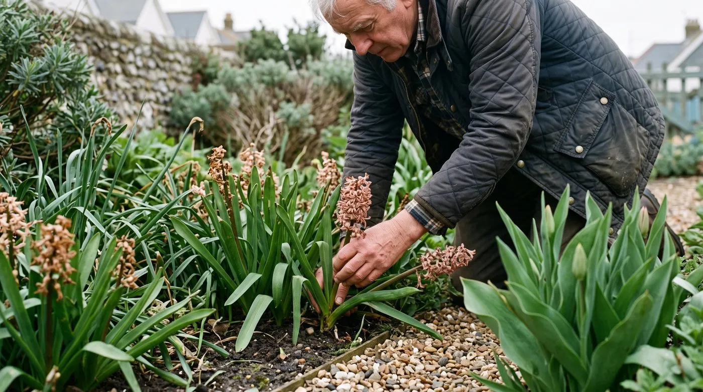 Hand snapping off a faded hyacinth flower spike while leaving the green leaves in place