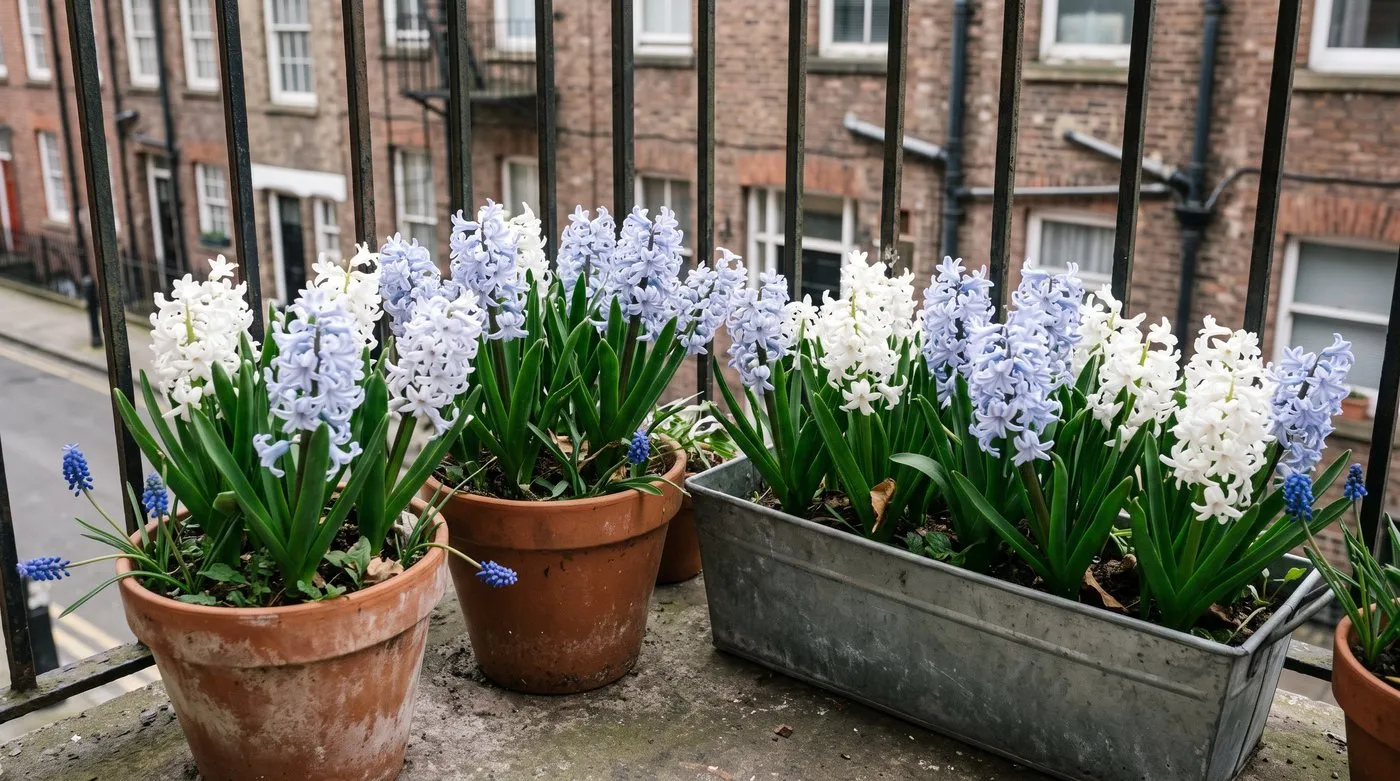 Pots and a window box of white and pale blue hyacinths flowering on a city flat balcony in spring