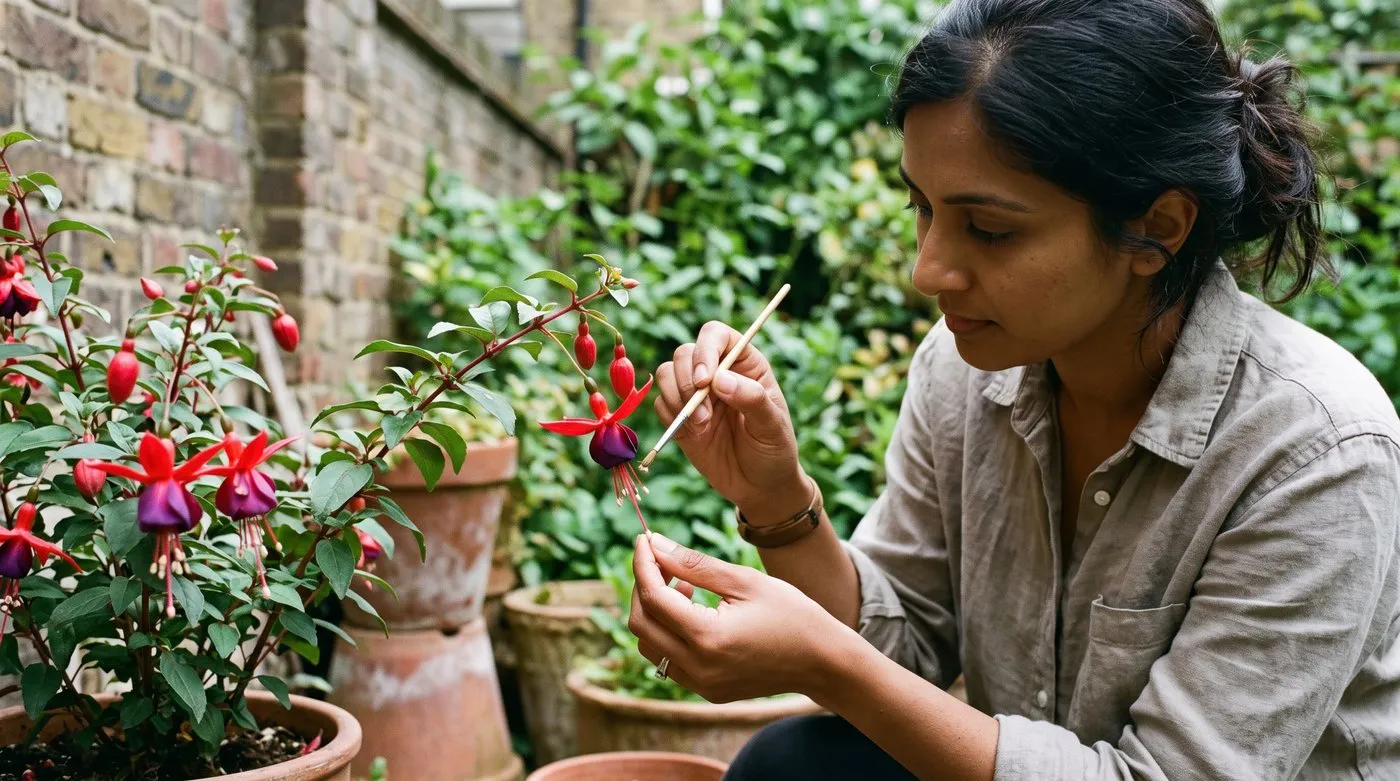 Gardener dabbing pollen onto a fuchsia stigma with a small paintbrush in a courtyard garden