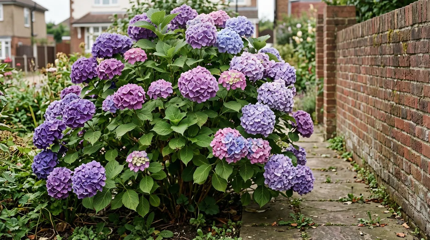 Mophead hydrangea with purple, mauve and lilac-blue flower heads on the same plant in a UK garden
