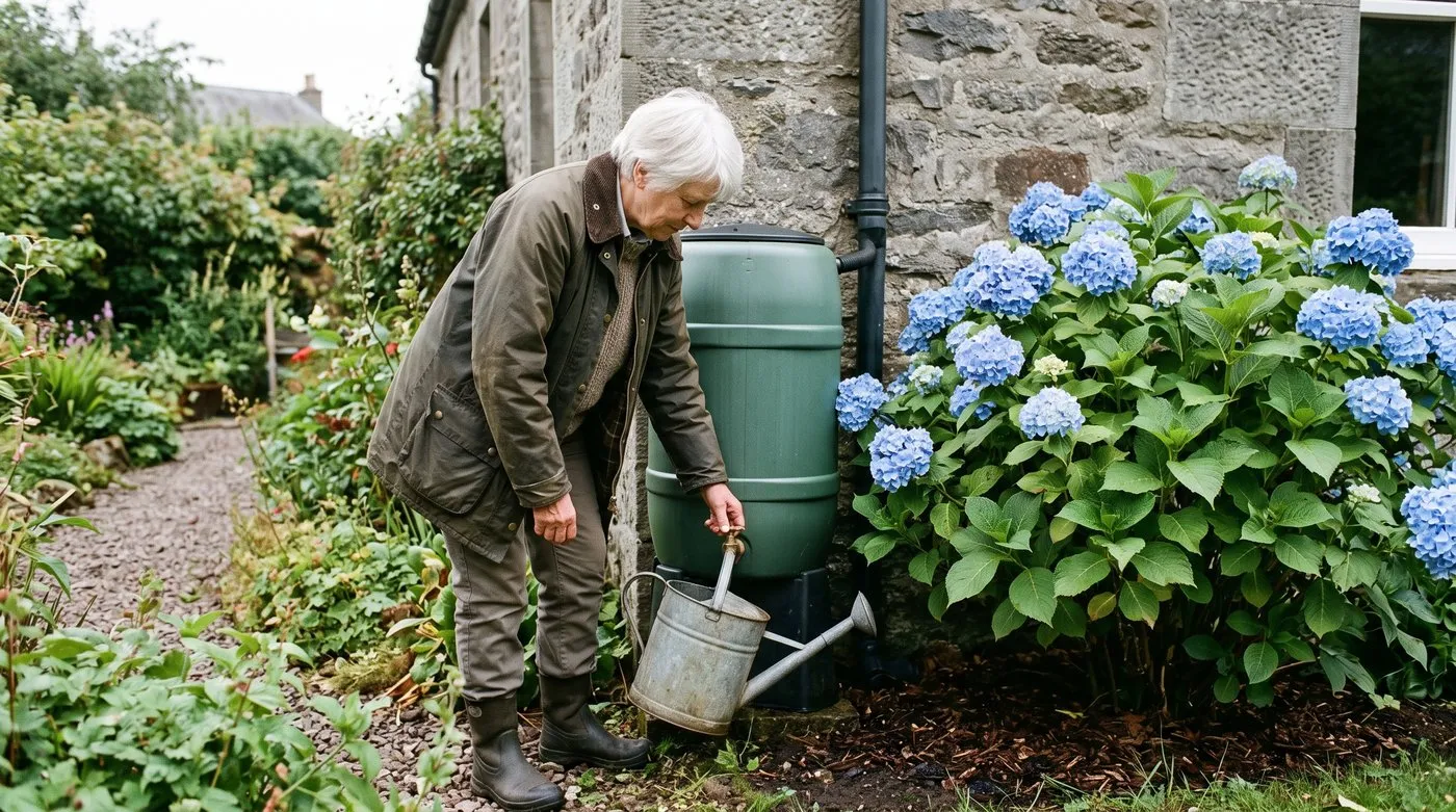Gardener filling a watering can from a water butt to water a blue mophead hydrangea